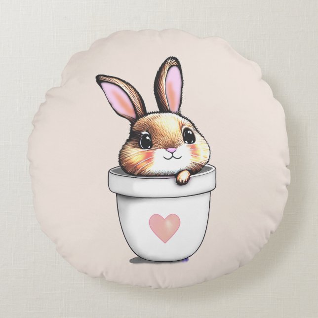 Cute Bunny Plant Pot on Light Champagne Beige Rund Kudde (Framsidan)