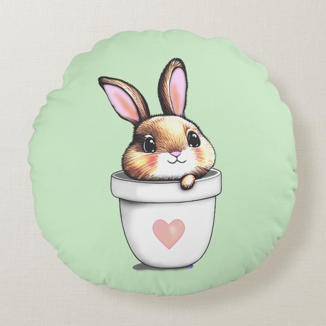 Cute Bunny Plant Pot on Light Lime Green Rund Kudde (Framsidan)