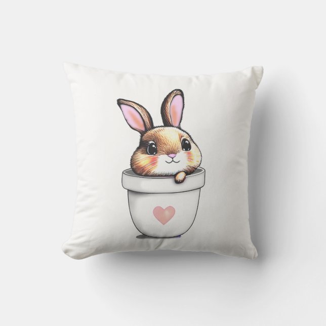 Cute Bunny Plant Pot with Heart on White Kudde (Framsida)