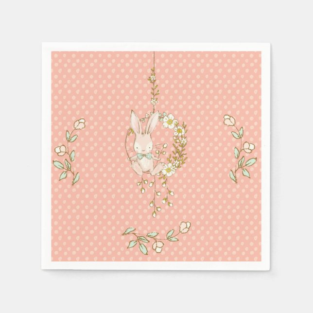 Cute Bunny Polka Dot Blommigt Baby Shower Pappersservett (Framsidan)