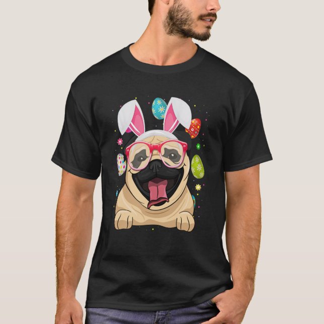 Cute Bunny Pug Dog Face Easter Eggs Easter Day T Shirt (Framsida)