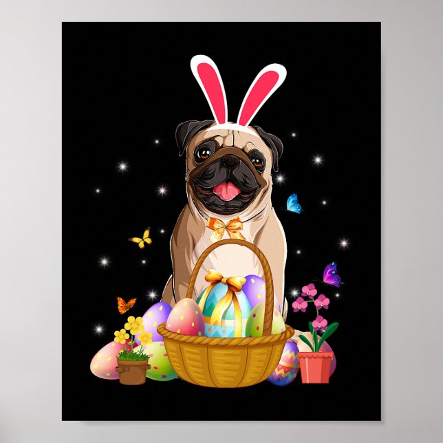 Cute Bunny Pug Hund med Påskägg Basket Lycklig E Poster (Framsidan)