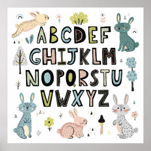 Cute Bunny Rabbit ABC Alphabet Brev Education Poster