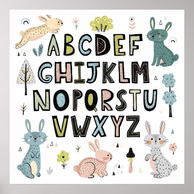 Cute Bunny Rabbit ABC Alphabet Brev Education Poster (Framsidan)