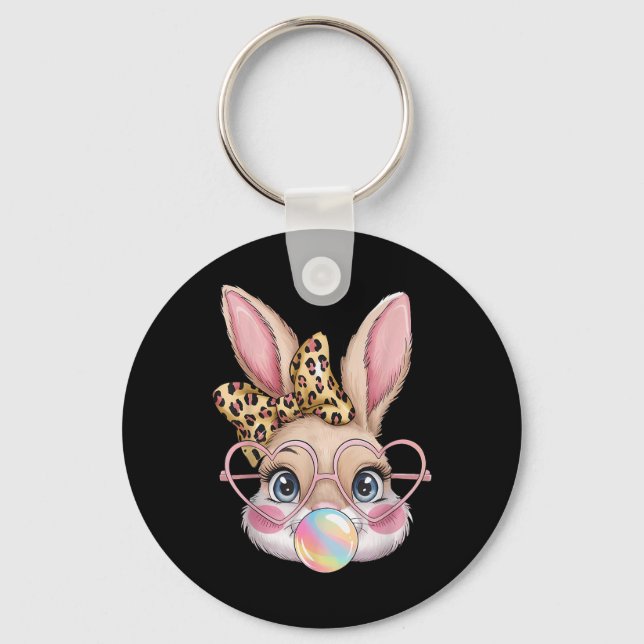 Cute Bunny Rabbit Ansikte Leopard Bow Girls Lyckli Nyckelring (Framsida)