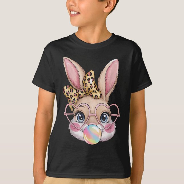 Cute Bunny Rabbit Ansikte Leopard Bow Girls Lyckli T Shirt (Framsida)