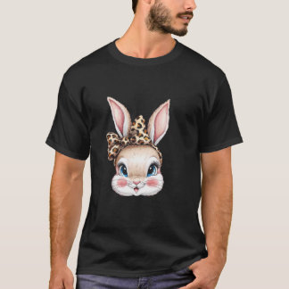 Cute Bunny Rabbit Ansikte Leopard Coquette Bow Gir T Shirt