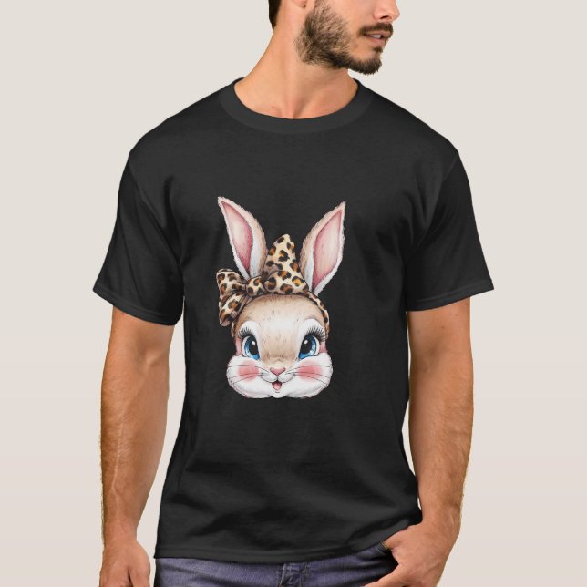 Cute Bunny Rabbit Ansikte Leopard Coquette Bow Gir T Shirt (Framsida)