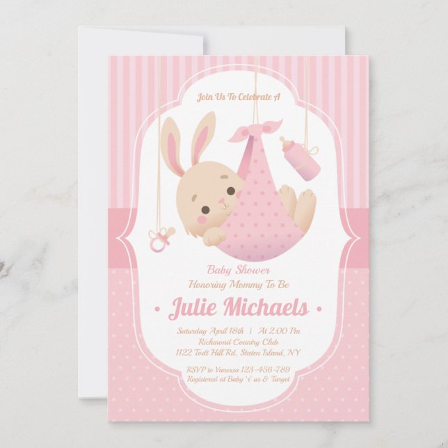 Cute Bunny Rabbit Baby Shower Girl-inbjudan Inbjudningar (Framsida)