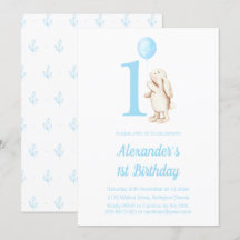 Cute Bunny Rabbit & Balloon Blue 1 Birthday