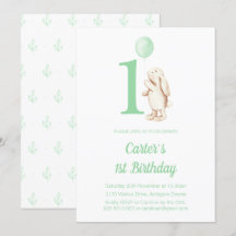 Cute Bunny Rabbit & Balloon Grönt 1:a födelsedag