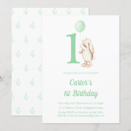 Cute Bunny Rabbit & Balloon Grönt 1:a födelsedag Inbjudningar
