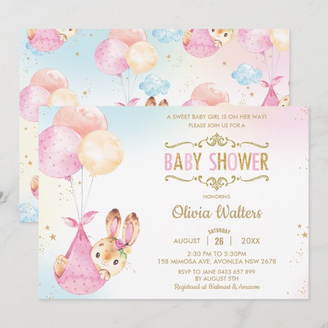 Cute Bunny Rabbit Balloons Baby Shower Girl Inbjudningar (Fram/baksida)