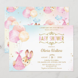 Cute Bunny Rabbit Balloons Baby Shower Girl Inbjudningar