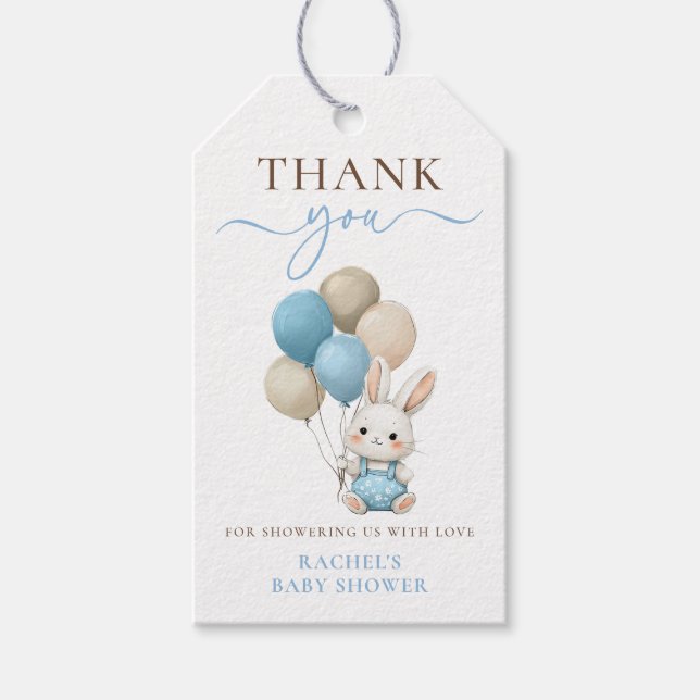 Cute Bunny Rabbit Balloons | Blue Boy Baby Shower Presentetikett (Framsidan)
