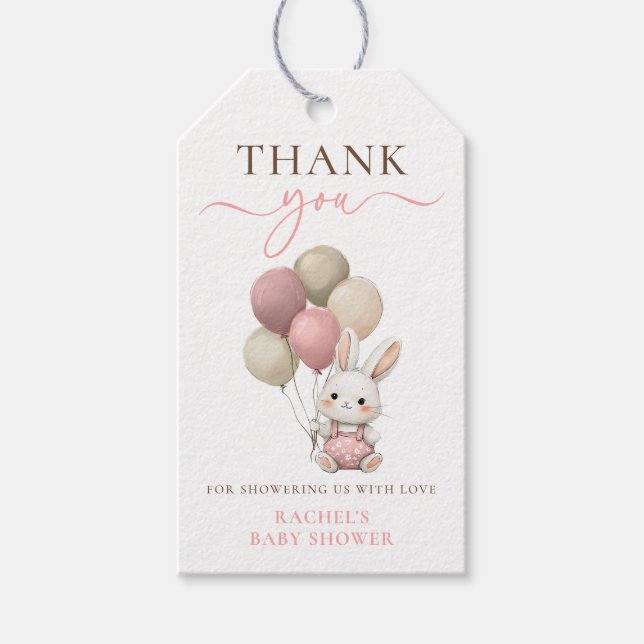 Cute Bunny Rabbit Balloons | Rosa Girl Baby Shower Presentetikett (Framsidan)