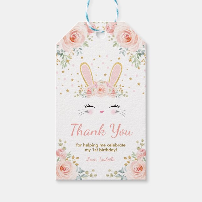 Cute Bunny Rabbit Birthday  Guld Blommigt Party Presentetikett (Framsidan)