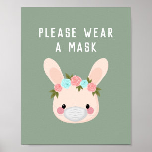 Cute Bunny Rabbit Blommigt Bära Mask Grönt Covid Poster