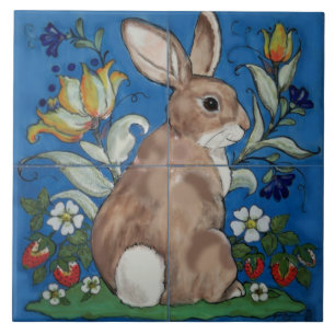 Cute Bunny Rabbit Blue Vår Blommigt Påsk Trivet Kakelplatta