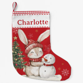 Cute Bunny Rabbit Bygger en Snögubbe Red Gingham Liten Julstrumpa