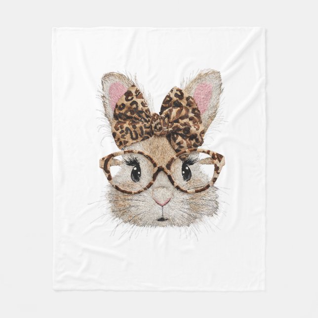 Cute Bunny Rabbit Face Leopard Coquette Bow Glasse Fleecefilt (Framsidan)
