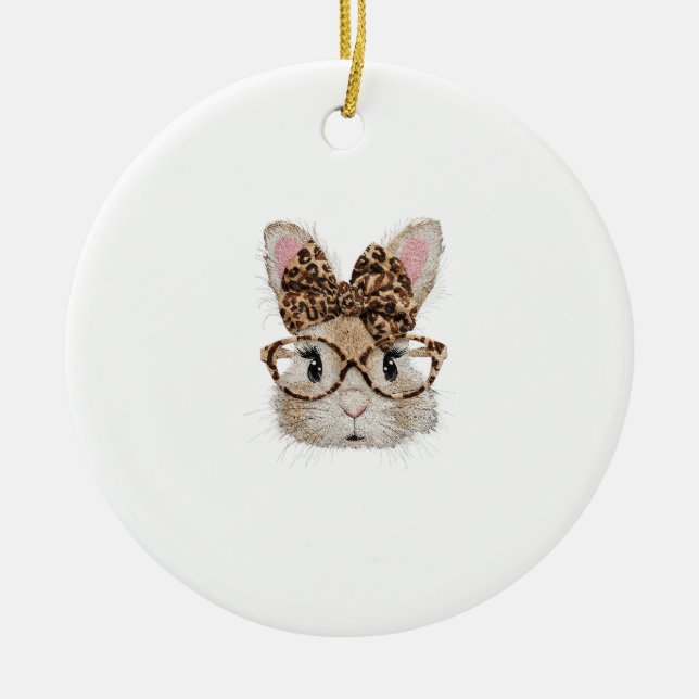 Cute Bunny Rabbit Face Leopard Coquette Bow Glasse Julgransprydnad Keramik (Framsidan)