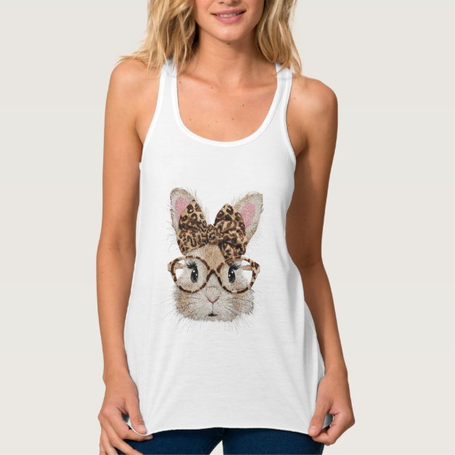 Cute Bunny Rabbit Face Leopard Coquette Bow Glasse Linne Med Racerback (Framsida)