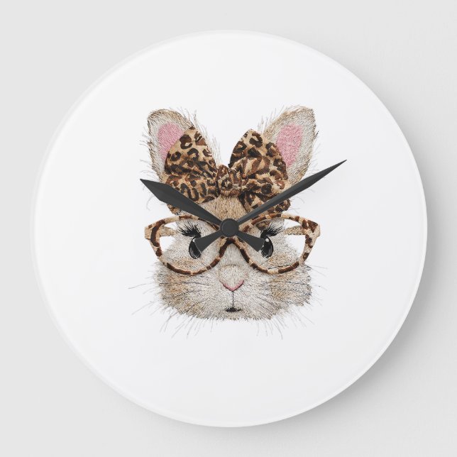 Cute Bunny Rabbit Face Leopard Coquette Bow Glasse Stor Klocka (Framsida)