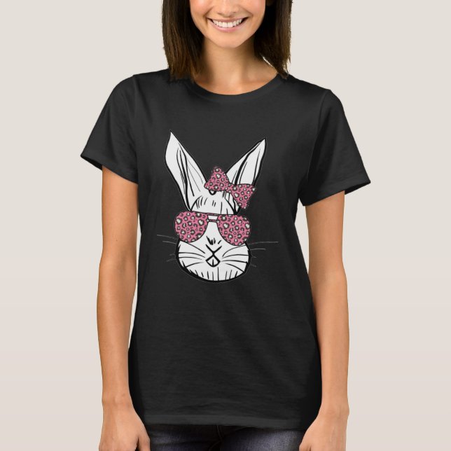 Cute Bunny Rabbit Face Messy Bun Leopard Glasses G T Shirt (Framsida)