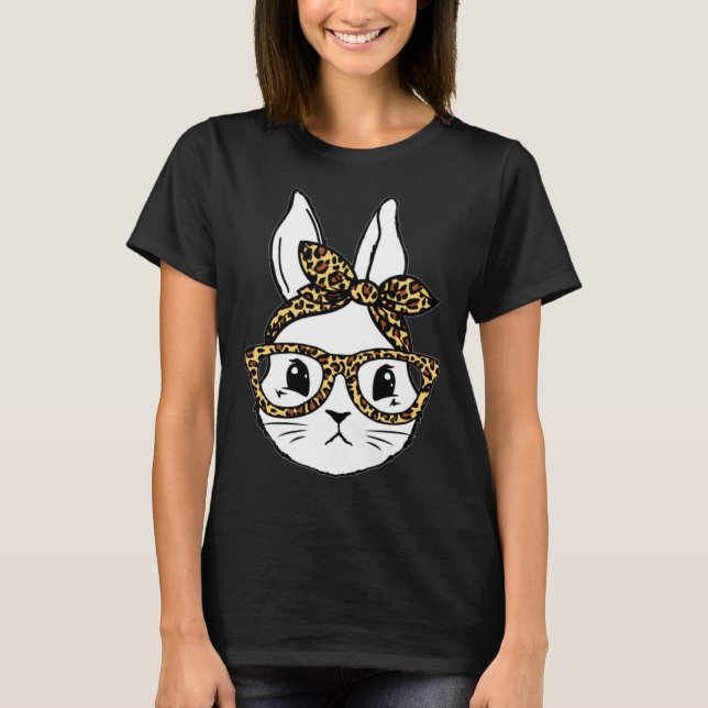 Cute Bunny Rabbit Face Messy Bun Leopard Glasses G T Shirt (Framsida)