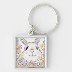 Cute Bunny Rabbit Flowers & Butterflies Fyrkantig Silverfärgad Nyckelring