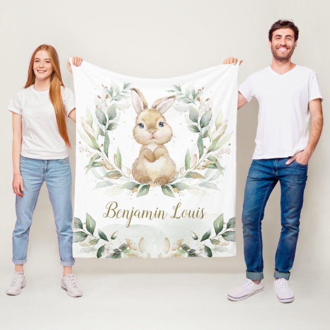 Cute Bunny Rabbit Greenery Guld Neutralt Nursery Fleecefilt (På plats)