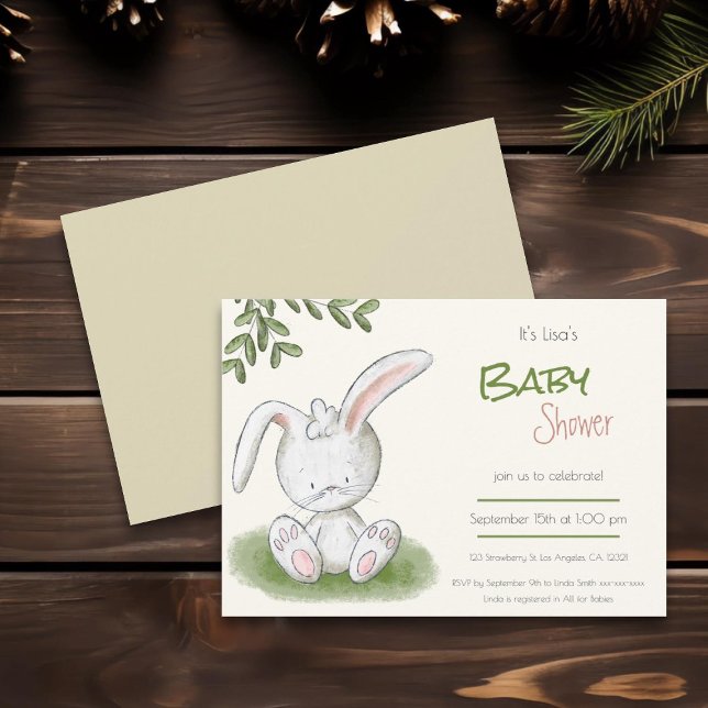 Cute Bunny Rabbit Greenery Neutralt Baby Shower Inbjudningar (Skapare uppladdad)