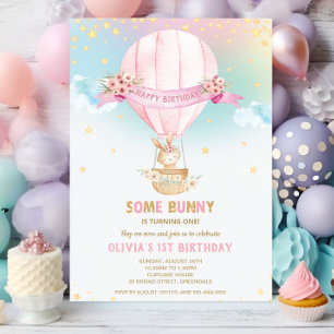 Cute Bunny Rabbit Luftballong 1:a födelsedagen Inbjudningar
