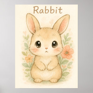 Cute Bunny Rabbit - Mjuk vattenfärg Nursery Animal Poster