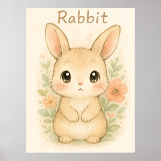 Cute Bunny Rabbit - Mjuk vattenfärg Nursery Animal Poster