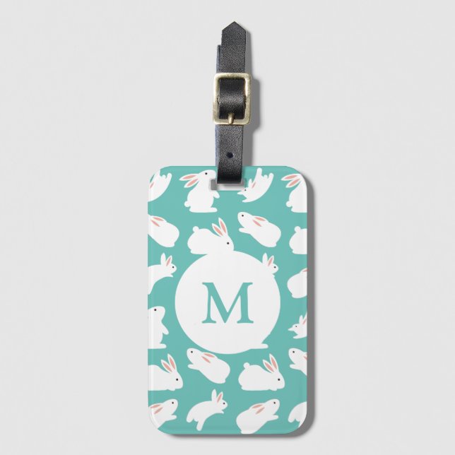 Cute Bunny Rabbit Mönster på Teal Monogram Bagagebricka (Framsida vertikal)