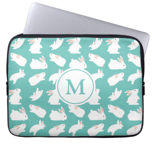 Cute Bunny Rabbit Mönster på Teal Monogram Laptop Fodral