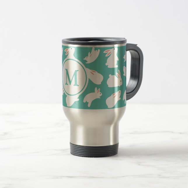 Cute Bunny Rabbit Mönster på Teal Monogram Resemugg (Framsida höger)