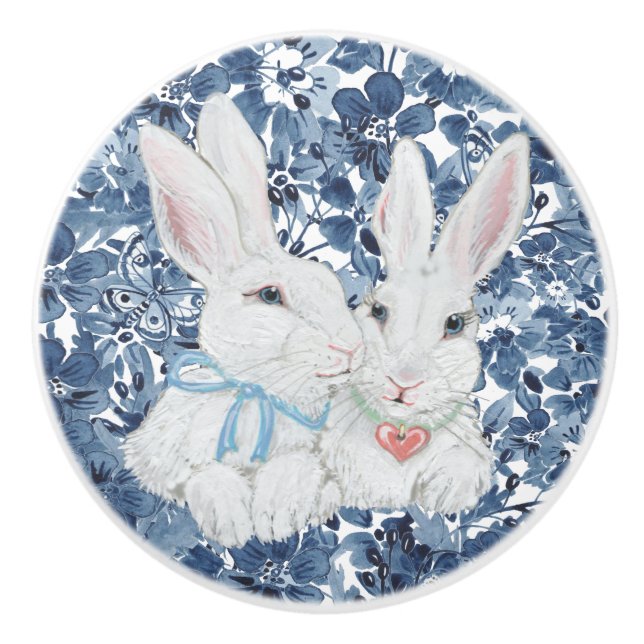 Cute Bunny Rabbit Navy Blue Flower Butterfly Girly Knopp (Framsidan)