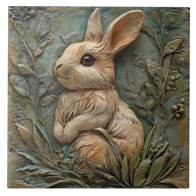 Cute Bunny Rabbit och Flowers Faux Relief Kakelplatta (Framsidan)