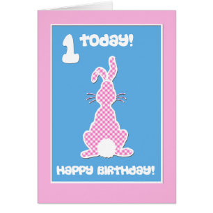 Cute Bunny Rabbit på Rosa Check Ist Birthday Hälsningskort