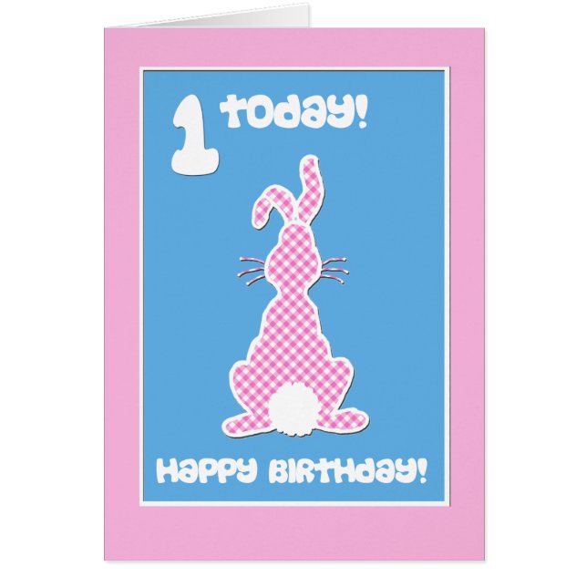Cute Bunny Rabbit på Rosa Check Ist Birthday Hälsningskort (Framsidan)