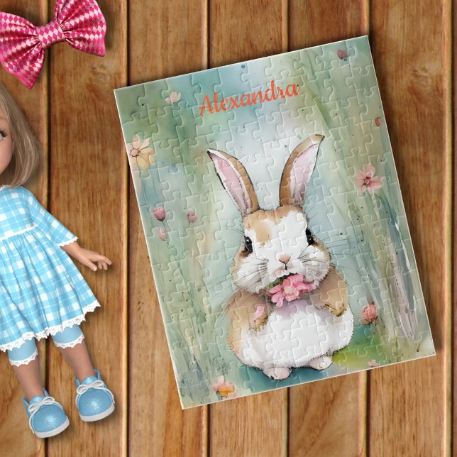 Cute Bunny Rabbit Pastel Watercolor Vår blommor Pussel (Skapare uppladdad)