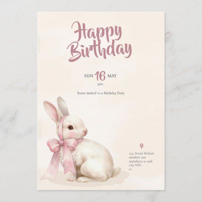 cute Bunny rabbit pink birthday party invitation Inbjudningar (Framsida)