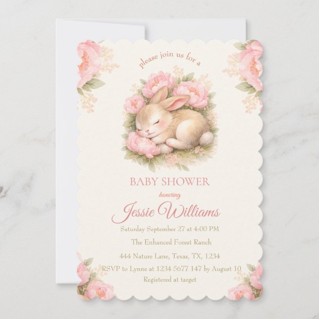 Cute Bunny Rabbit Pink Blush Baby Shower Inbjudningar (Framsida)