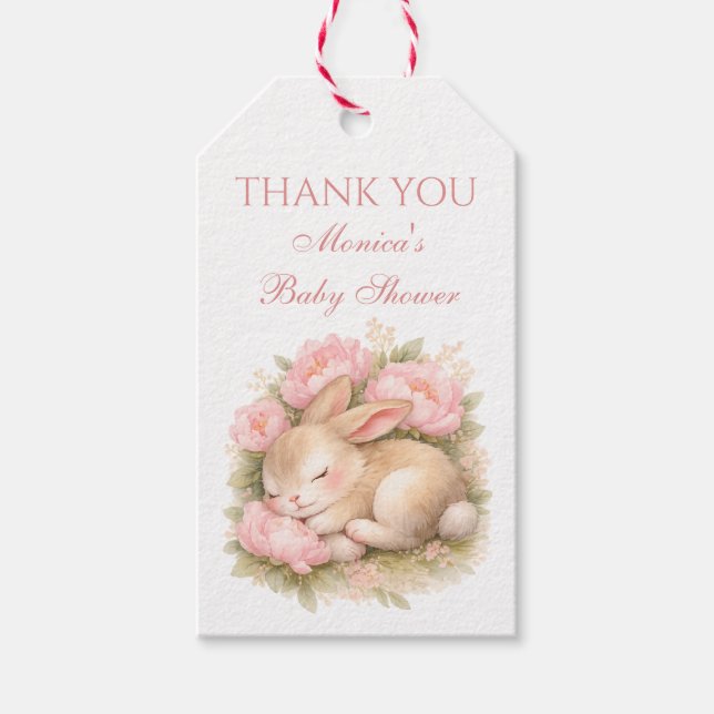 Cute Bunny Rabbit Pink Blush Peony Baby Shower Presentetikett (Framsidan)