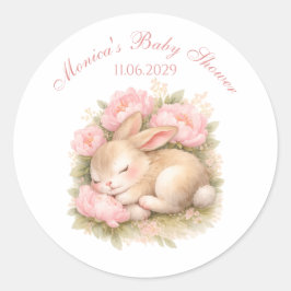 Cute Bunny Rabbit Pink Blush Peony Baby Shower Runt Klistermärke