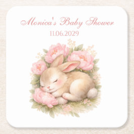 Cute Bunny Rabbit Pink Blush Peony Baby Shower Underlägg Papper Kvadrat