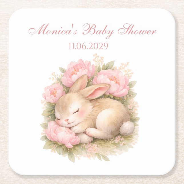 Cute Bunny Rabbit Pink Blush Peony Baby Shower Underlägg Papper Kvadrat (Framsidan)